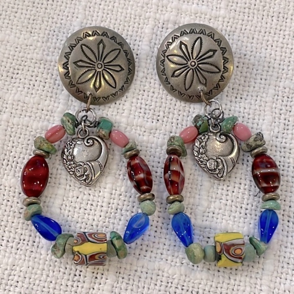 Southwestern turquoise chip glass bead silver medallion vintage statement